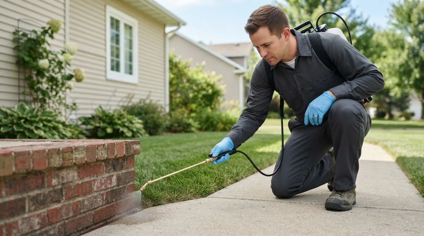 Pest control technician treating a home near Elkton, TN